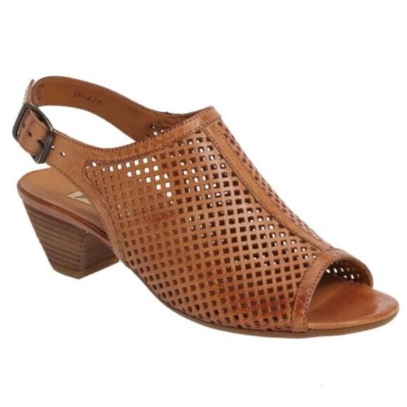 Paul Green women's camel tan Lois perforated leather sling back sandal SZ 6.5 - Picture 1 of 15